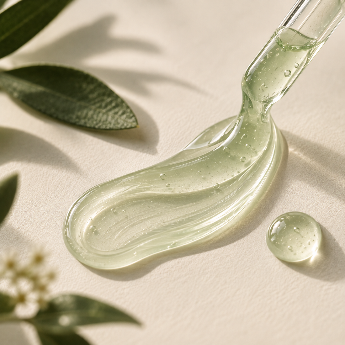 BloomCalma intimate moisturising gel being dispensed from a glass dropper onto a cream background, with eucalyptus leaves and a small gel droplet beside it.
