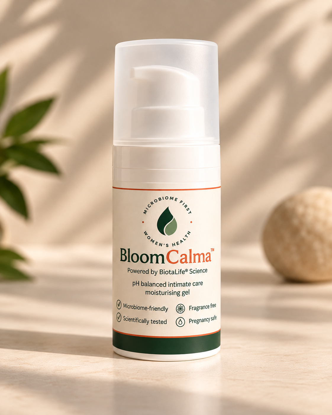 BloomCalma intimate moisturising gel in a 30ml airless pump bottle, against a warm cream background with soft botanical shadows and natural sunlight.