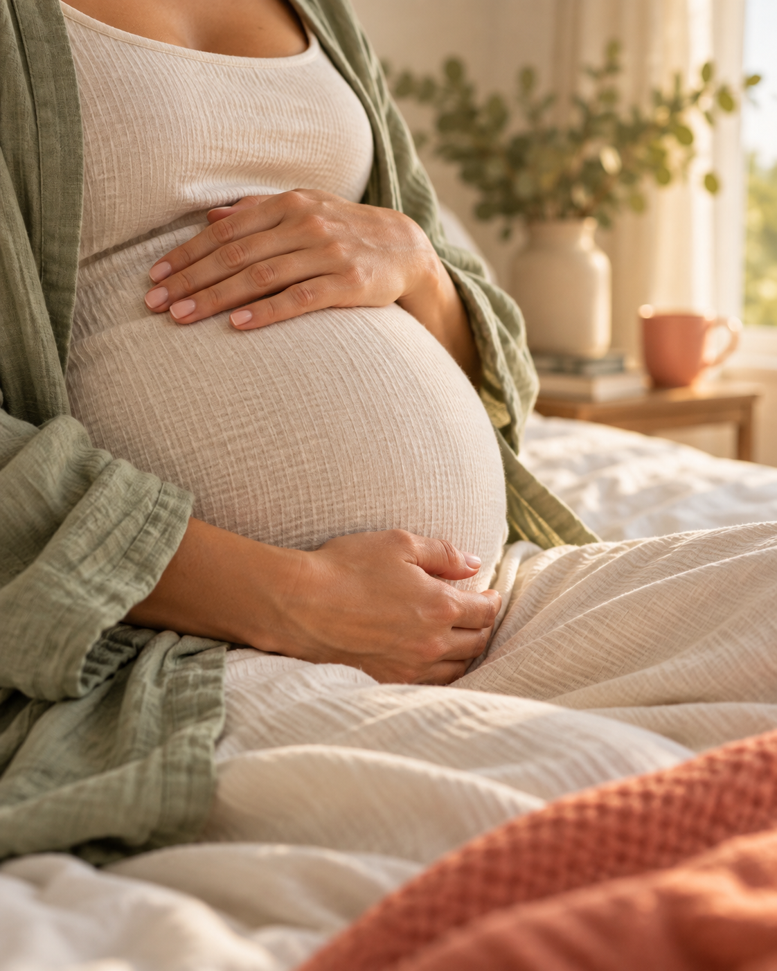 Photo of a pregnant woman sitting on cushions with a hand on her bump, preparing for birth with perineal massage